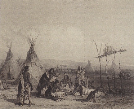 Karl
                      Bodmer, entierro de plataforma de un cazique
                      Sioux