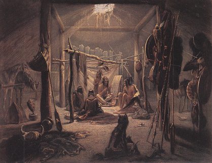 Karl Bodmer, nativos Mandan en una casa
                          subterrnea en tierra con ventana arriba
                          (tragaluz)