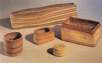 Tins and cans in wicker work of
                              Nootka and Makah primary nations