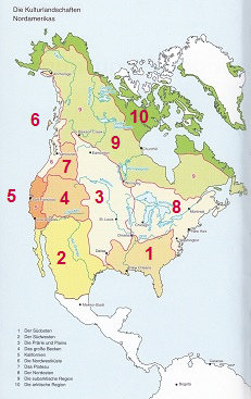 The cultural regions of North
                              "America" - map: 1. South East
                              2. South West 3. Prairies and Plains 4.
                              Grat Basin 5. California 6. North West
                              Coast 7. Plateau / table land 8. North
                              East 9. Subarctic region 10. Arctic
                              region